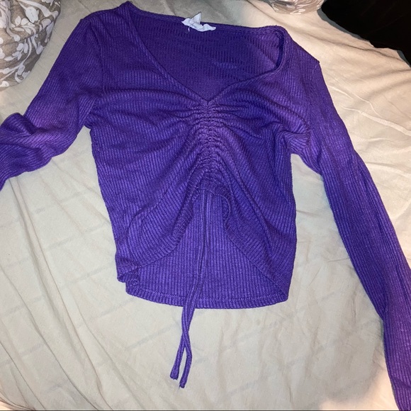 3010116 Purple Ruffle Sleeve Crop Shirt